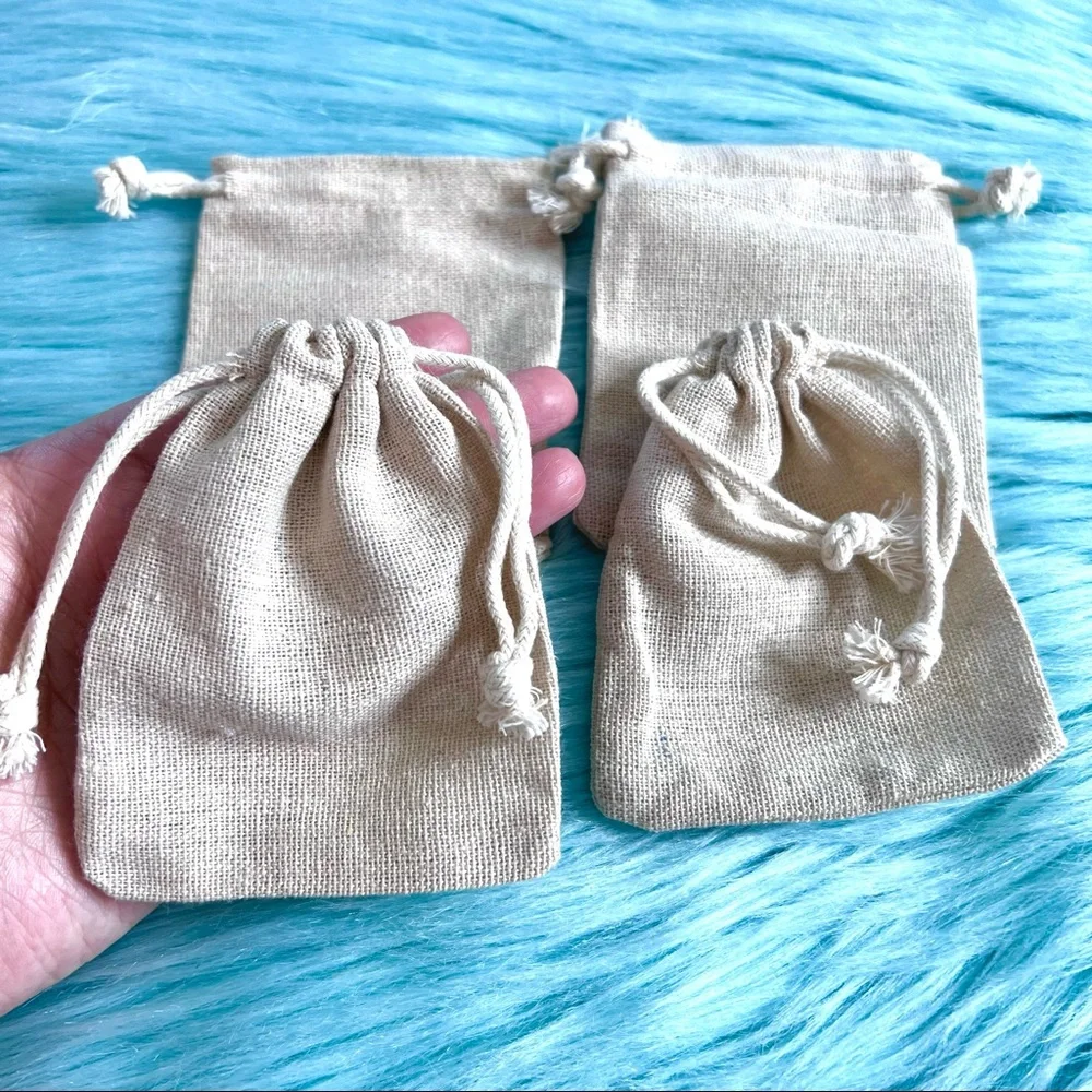 Set of 4 Burlap Canvas Drawstring Bags Rustic Gift Favor Jewelry Spice Pouches